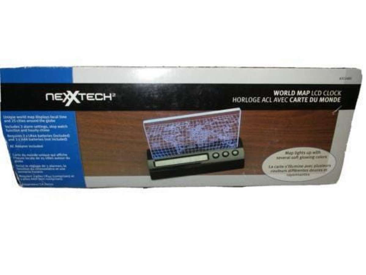 New old stock item.The Vintage NexxTech World Illuminious Map Desktop LCD Clock is a decorative collectible designed as a desk clock. This unique clock features an LCD display that illuminates a world map, adding a touch of retro charm to any workspace or