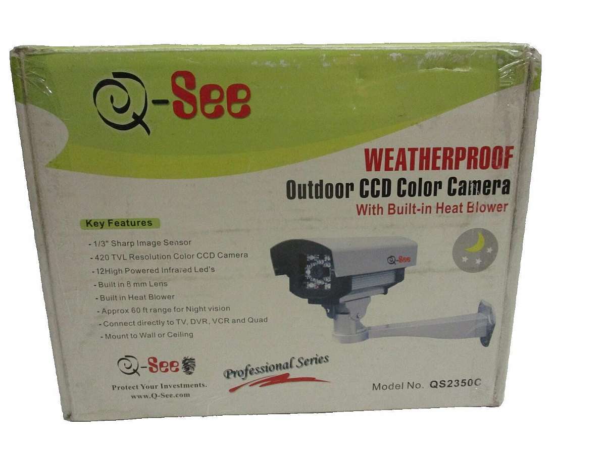 New in original factory box. Factory box will not be in the best condition.Item in the box will still be in new condition.Q-See Weatherproof Outdoor CCD Color Camera Kit W Built-in Heat blower Model QS2350C. * 420 TV Lines Resolution * Lens: 8mm Lens *