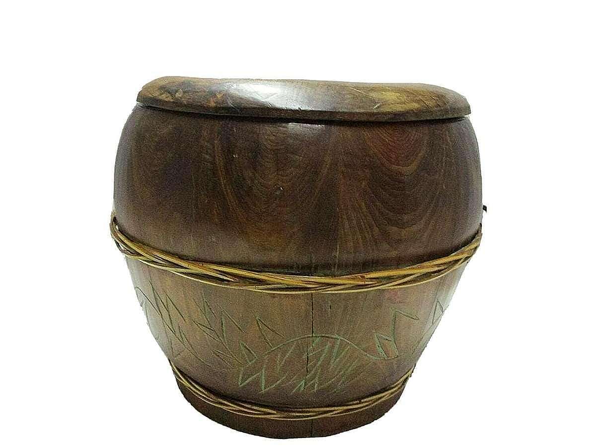 Handcrafted Solid Wood Carved Custom Made Bowl with lid. There are no markings that tell what brand or make this item is. Looks like it was handmade. You will have to use your own judement. This item will look used and will need some minor repair. There a