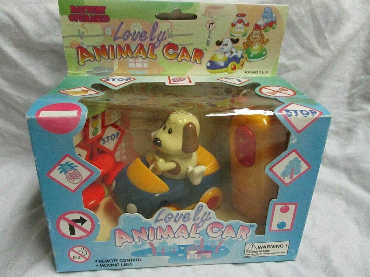 New in original factory box.new old stock.The Vintage 1997 Lovely Animal Car Remote Control Playset by Ed's Variety Store is a charming toy car made of plastic, featuring a cute animal design. This remote control playset, manufactured in Hong Kong, includ