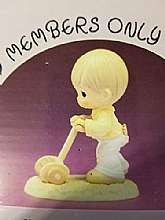 Darling Enesco Precious Moments porcelain figurine, PM-892, Mow Power to Ya! Comes with the original box with cards. Measures about 5 1/2 inches tall. Marked with the Bow & Arrow mark. This is the original release year Members Only 1989. Handcrafted i