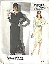 Vintage Pattern - 1983"NINA RICCI Vogue Paris Original Pattern #1074 - Size 12 - UNCUT"Dress 2" below mid-knee or evening length, has extended shoulders, shoulder pads, semi-fitted, front wrap bodice with tucked shoulder, (left side), s