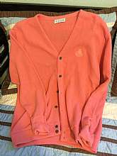 Mens Vintage Izod Crest Logo SweaterThis item is vintage and used, but in great overall condition.It is a cardigan style sweater and is completely peach with the Izod crest logo on the chest.100% Acrylic.Approx. measurement from armpit to armp