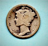 1925 Mercury Dime - 90% Silver -Moderate Wear.  Not graded but about Good.
