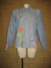 Seventies Chambray Shirt Decorated Flowers Butterflies