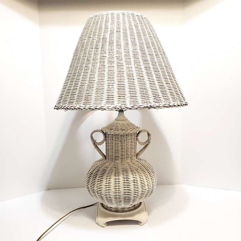 Vintage White Painted Wicker Urn Table Lamp