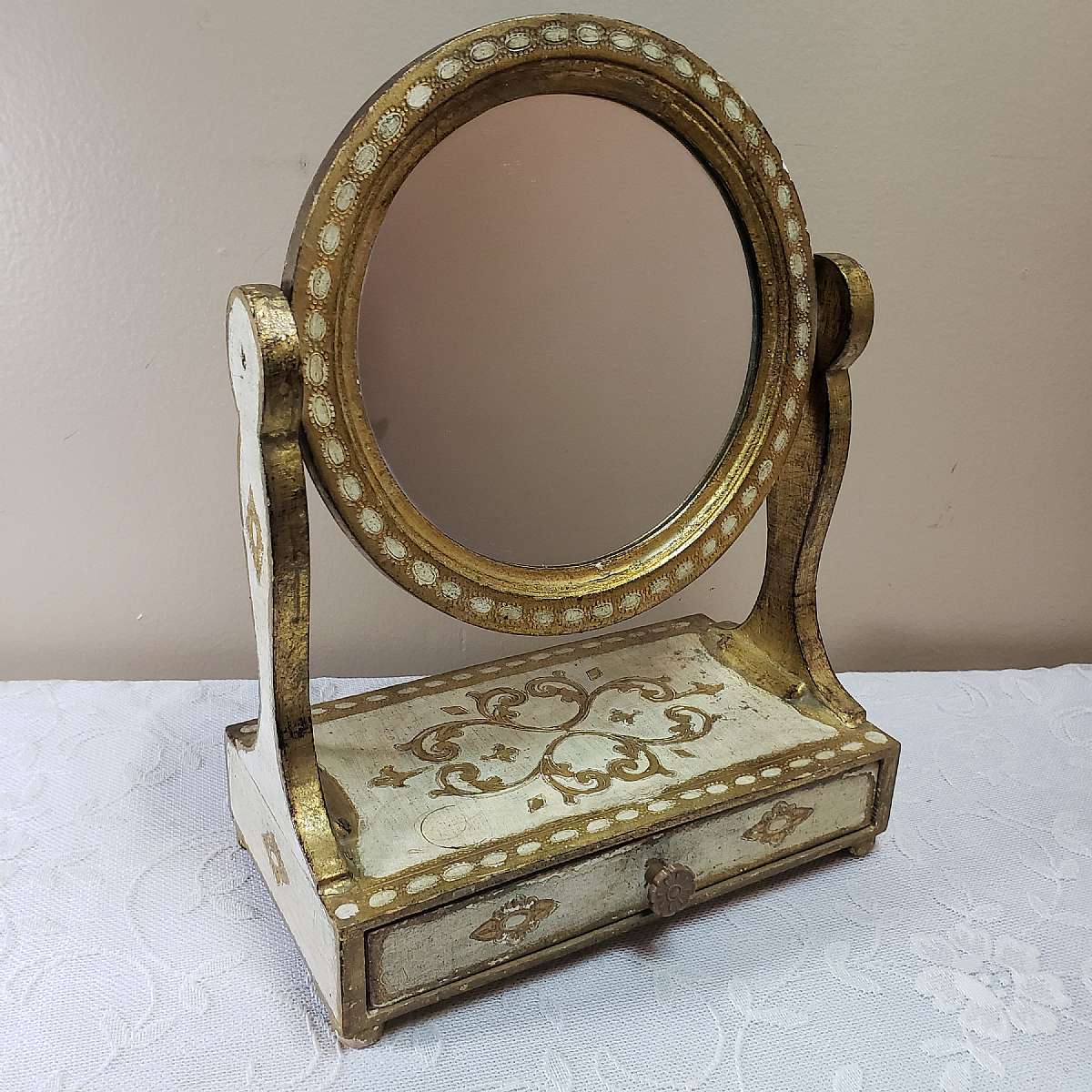 Vintage Florentine Vanity Round Mirror Dresser Tole Wood Box Gold Gilt