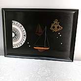Mid Century Couroc Black Navigation Nautical Serving Tray Sailboats Handcrafted Mid Century Modern Black Tray by Couroc of MontereyRare or Hard to find Nautical Scene.     Inlaid Sailboats, a compass and compass rose The detail is wonderful and was cr