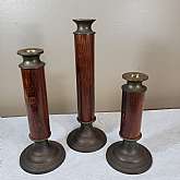 Vintage Wood & Brass Set of 3 Candlestick Holders Rustic Table Top Decor Farmhouse Country Height 12", 10" & 8" and 4.5"WAll in good condition, with heavy tarnish and some nicks to the wood and small bend on the brass botto