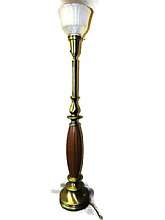 * Vintage Brass and Wood Mid Century Modern Style Torchiere Lamp* Measures 40"H x 7"W* Good working condition with minor imperfections, minor scratches, it appears it has been repaired at one time due to a silver ring that looks added and not