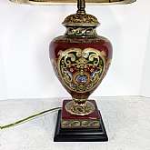 Vintage Asian Red Table Lamp Antique Ceramic Raised Gold Blue Pink Green Detail Brass FixtureNice Quality and in good working conditionBrass fixture and finial and ceramic body with beautiful raised designed of gold, blue, pink and green accentsOrig