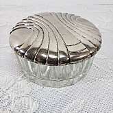 Vintage Art Deco Style Silver and Crystal Power Puff Holder Container Jar Lidded Mirror Vanity Dresser Table Make Up Beautiful quality little crystal and silver powder jar. The mirror has minor wear and is marked Godinger 1988 Measures 4"W x 2"H