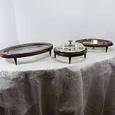 Mid Century Danish Modern Walnut Wood Dish Holder Table Top Riser Serving Tray3 pieces of GlasBake clear and silver trim, includes the fish plate, the round bowl and lid, and the divided dishNo chips or cracks, heavy tarnishThe stands are in excelle