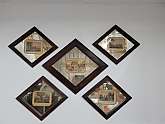 Art Decor Wood Picture Frames Triangle Diamond Shape with faux crackle glass mirror surrounding the matte area.  Vintage 5 Frame Set Matted Wall Hanging Art GroupingOverall in good condition with wear, scratches and nicks, glass in good conditionLarge