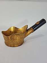 Vintage Chinese Ancient Design Brass & Wood Silk Iron Large 10.5" Vintage Antique Brass and Enamel Silk Smoothing Iron, they would fill the pot with hot coals and this is how they would iron their silk.The iron measures approx. 10.5" lon