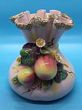 Lefton 1955 Pink Forget Me Not Vase - Gold Accents and fruit motif Isn’t this little vase so sweet! It’s a mint condition Lefton Forget Me Not Vase from 1955. It looks like a little bag with cherries tied to the fro