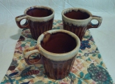   Vintage coffee cups have ribbed edges and drip glaze pattern 3 count
