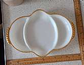 Fire king Relish Dish 3 Part divided dish serving 11 Inch Handled Heavy Milk Glass Gold Trim Euc