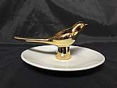 This is a very nice looking ceramic / art pottery trinket dish with gold bird. It would make a lovely gift! Perfect for storing rings, bracelets, small odds and ends, etc. Looks gorgeous on a dresser or end table. It is a good size at approximately 6 inch