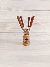 Vintage set of 6 small forks with wooden handle. It also contains a holder that is hand-painted with a mushroom motif. Great little set for aperitifs or cocktails.The forks measure 14 cm / 5.51 inchDespite having some signs of use and aging, they are s