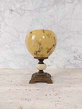 A beautiful art deco night light made in the late 50s. in Europe.It is made of a brass stand in the center has white marble, the glass has a beautiful marble pattern.The lamp is an amazing mid-century decor for any desk, table, dresser...Very nicely p