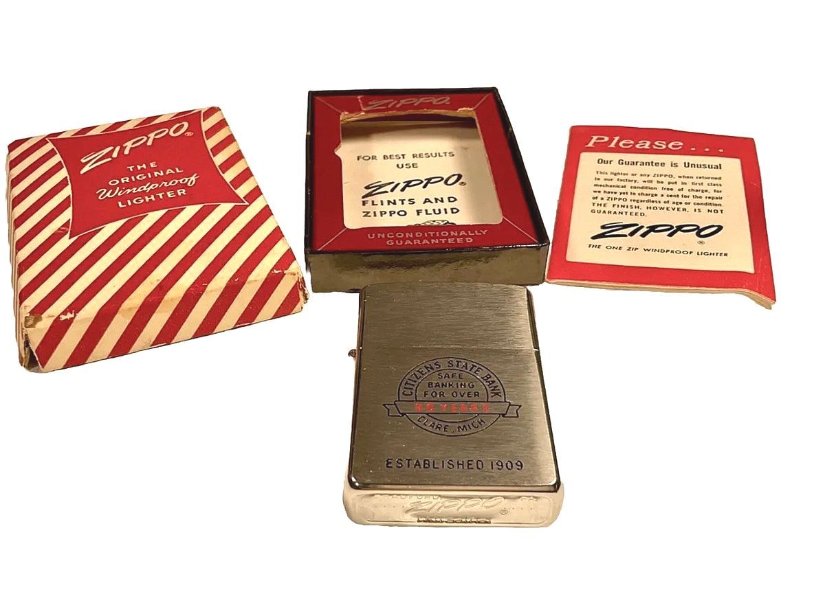 Vintage 1950's ZIPPO "Citizen's State Bank, Clare, MI" Lighter, Pat. 2517191. NIB UNSTRUCK, w/ Orig. candy cane striped box & insert