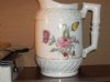 ANTIQUE IRONSTONE Floral  decorated PITCHER~Shaped body and handle~Clean White Background~Decorated front and back, marked on base Germany