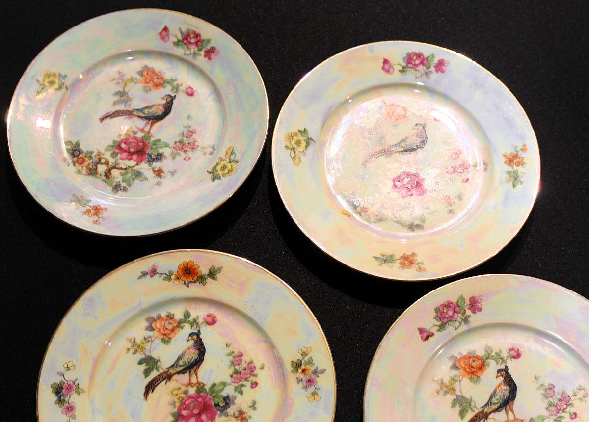 Up for sale are these Rare Vintage Beautiful Czechoslovakia CZE102 Iridescent Set 5 Salad Plates. Nice set. They measure approx.7 3/4"W.  There are no chips or cracks. There is some minor gold trim wear.  Shipping Excludes: Alaska/Hawaii, US Protect