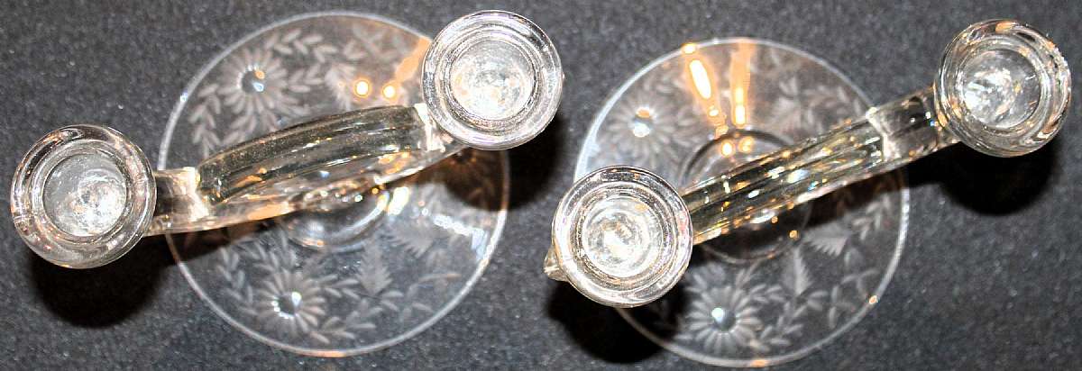 Up for sale are these Vintage Duncan & Miller Double Candlestick Holders With A Etched Floral Design in excellent condition with no chips or cracks. They measure approx.  5 3/4"T by about 6 1/2" W. Shipping Excludes: Alaska/Hawaii, US Prote
