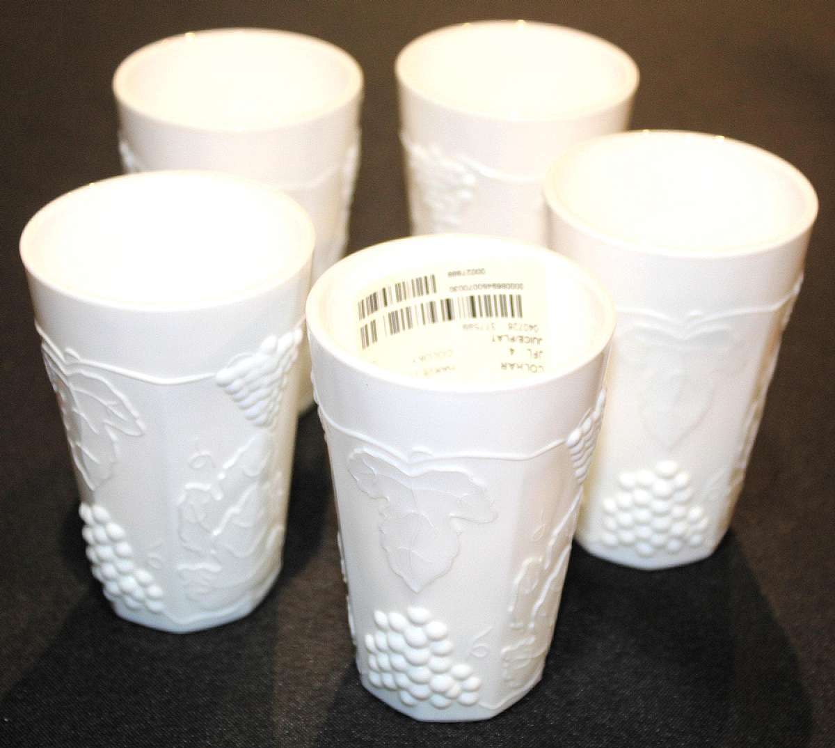 Up for sale are these Colony Harvest Milk Glass Set Of Five Juice Glasses in excellent condition with no chips or cracks. They measure approx. 4"T by 2 5/8"W. Shipping Excludes: Alaska/Hawaii, US Protectorates, APO/FPO, PO BoxShipping Provided