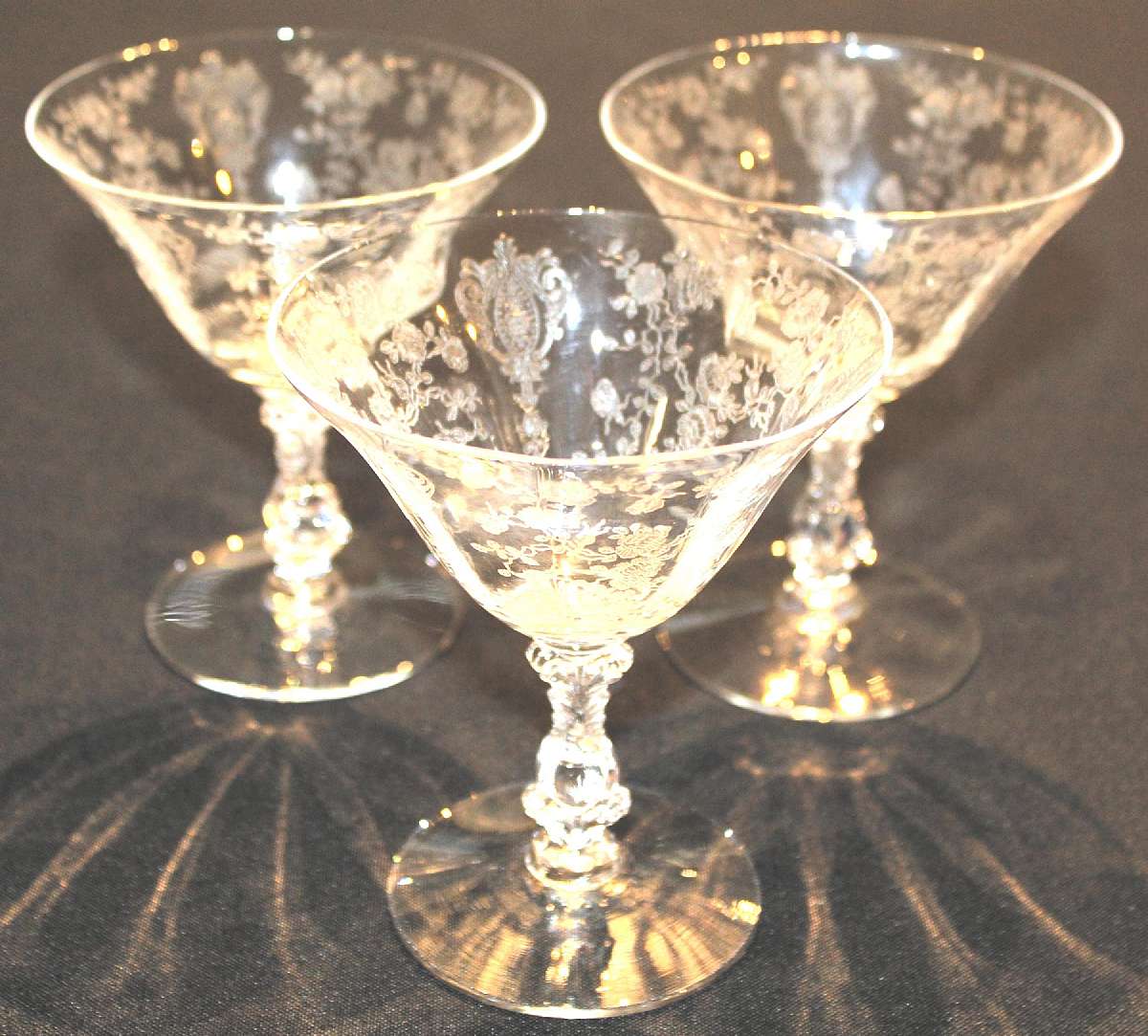 Up for sale are these Cambridge Rose Point Set Of Three Low Sherbets in excellent condition with no chips or cracks. The glasses measure approx. 4 3/4 inches tall & about 4 1/4 inches wide. Shipping Excludes: Alaska/Hawaii, US Protectorates, APO/FPO,
