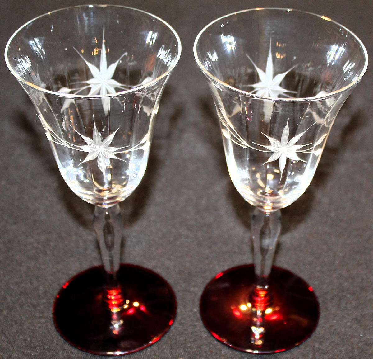 Up for sale are these Weston WGL2 Ruby Foot Set Of Two Water Goblets in Very Good condition with no chips or cracks. They measure approx. 7 5/8" Tall by 3 1/2"W.   Shipping Excludes: Alaska/Hawaii, US Protectorates, APO/FPO, PO BoxShipping Pro