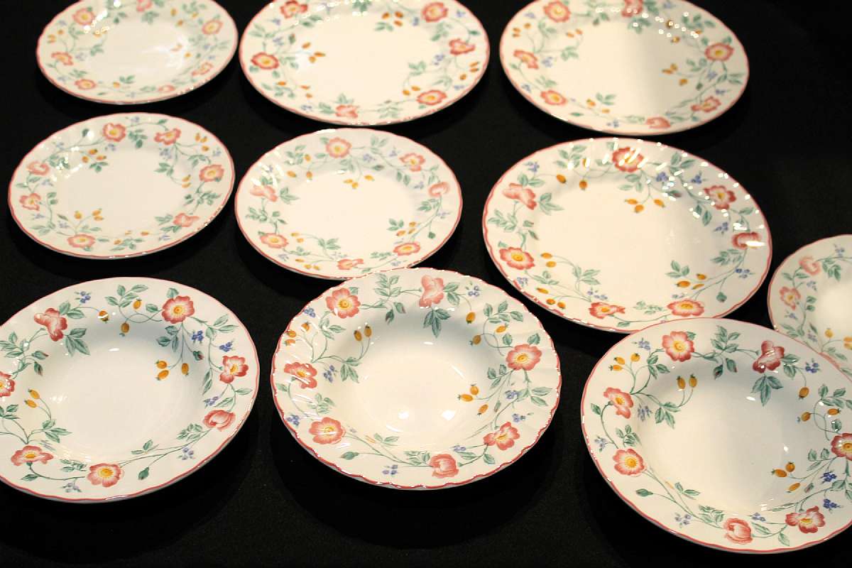 Up for sale is this Churchill Briar Rose Ten Piece Set in excellent condition with no chips or cracks. Include are Three 10" Dinner Plates, Three 8 3/4" Soup Bowls and Four 8" Salad Plates.Shipping Excludes: Alaska/Hawaii, US Protectorates