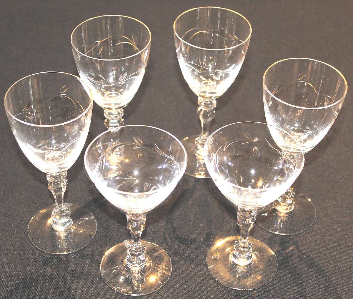 Up for sale are these Tiffin Sonata Set Of Four Wine & Two Liquor Cocktail Glasses in very good condition with no chips or cracks. The wine glasses measure approx. 6 1/8""T by 2 3/4"W and the liquor cocktail glasses 5 1/4"T by 3 1/