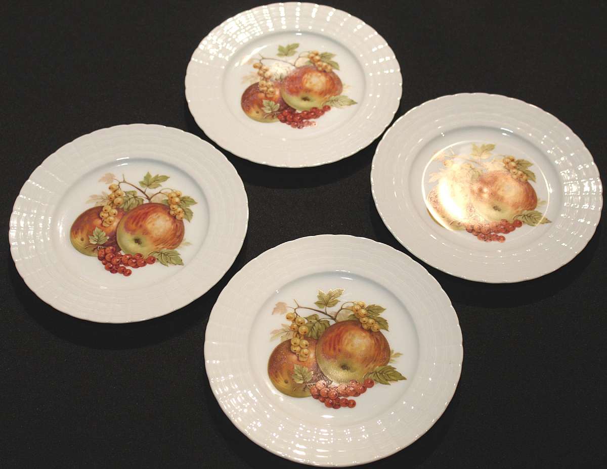Up for sale are these Hutschenreuther Germany Apple & Current Set of Four Plates in excellent condition with no chips or cracks. The plates measure approx. 8"W.   Shipping Excludes: Alaska/Hawaii, US Protectorates, APO/FPO, PO BoxShipping Provi