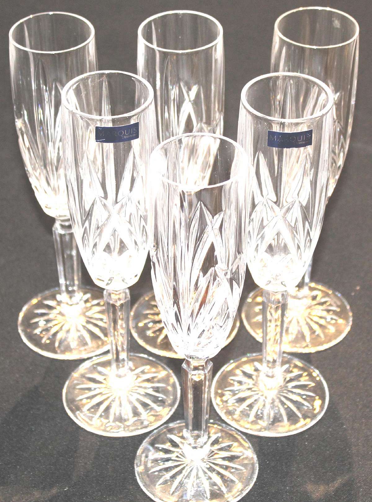 Up for sale are these Waterford Brookside Set Of Six Champagne Glasses in excellent condition with no chips or cracks. The Champagne Glasses measure approx. 9" Tall by 2"W.Shipping Excludes: Alaska/Hawaii, US Protectorates, APO/FPO, PO BoxShip