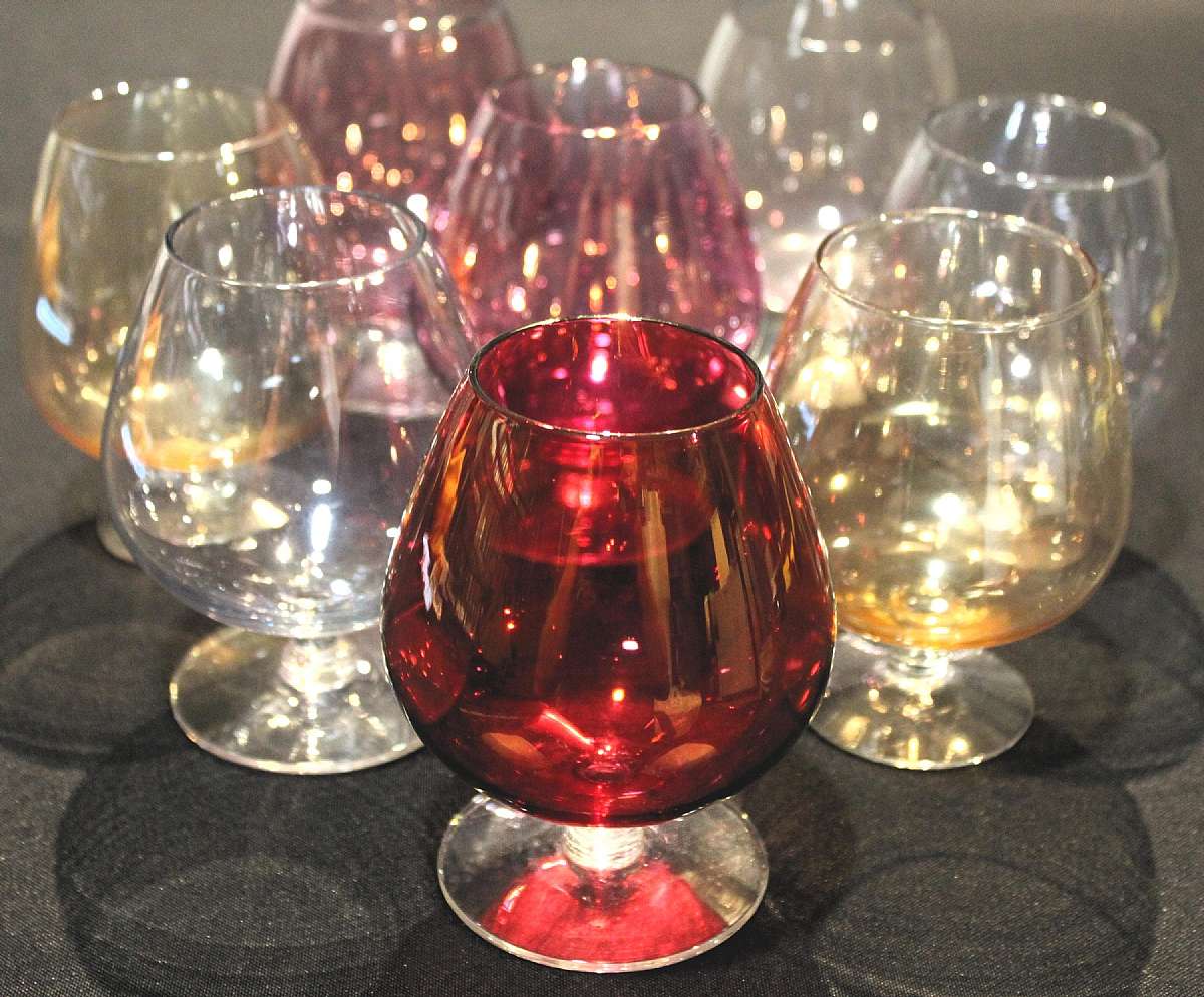 Up for sale are these Brandy Snifters Set Of Eight Colorful Glasses in excellent condition with no chips or cracks. They measure approx. 4 1/2"T by 2 1/8"W. Shipping Excludes: Alaska/Hawaii, US Protectorates, APO/FPO, PO BoxShipping Provided t