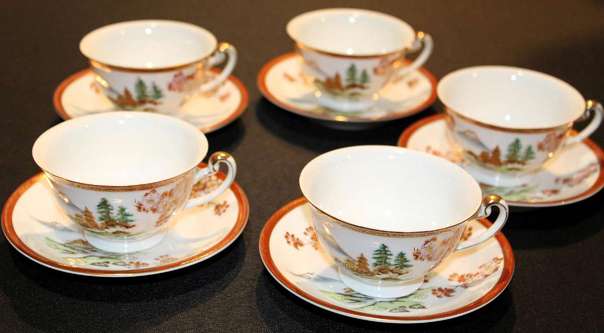 Up for sale are these Hayasi Japan Hand Painted Set Of Five Cup & Saucer Sets in great condition with no chips or cracks. They are fully marked on the reverse.  Shipping Excludes: Alaska/Hawaii, US Protectorates, APO/FPO, PO BoxShipping Provided to