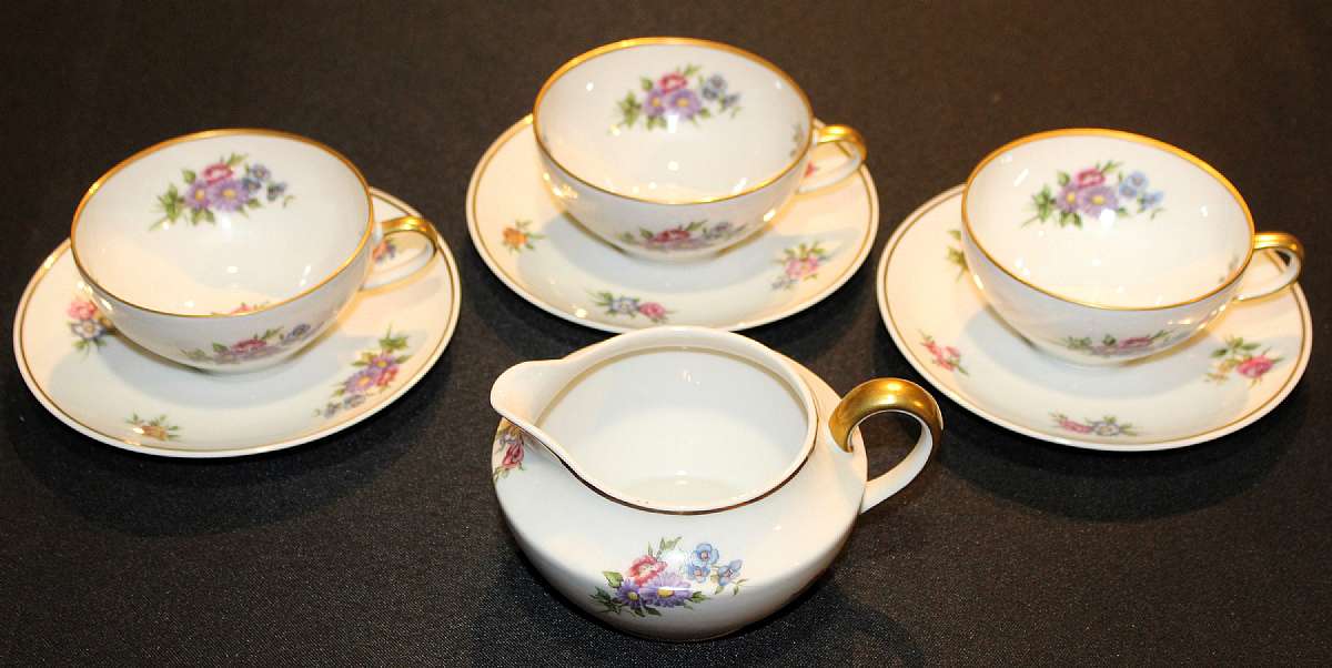 Up for sale are these Ahrenfeldt Limoges Vincennes Set Of Three Cup & Saucer Sets And A Creamer in great condition with no chips or cracks. The Cups measure approx. 2"T.  Shipping Excludes: Alaska/Hawaii, US Protectorates, APO/FPO, PO BoxShippi