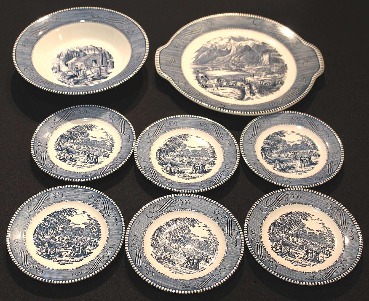 Up for sale are these Currier & Ives Serving Bowl and Cake Plate And Six Bread Plates with no chips or cracks or crazing. The cake plate measures approx. 11 3/4"W & the serving bowl is 9 1/8"W by 2"D and the bread plates 6 3/8"