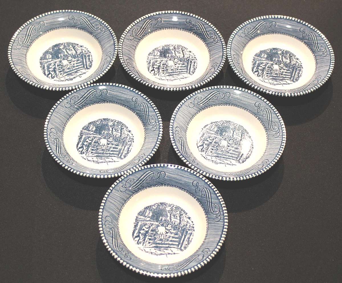 Up for sale are these Currier & Ives Blue and White Set Of Six Fruit Bowls with no chips or cracks or crazing. They measure approx. 6 5/8"W.  Shipping Excludes: Alaska/Hawaii, US Protectorates, APO/FPO, PO BoxShipping Provided to the United Sta