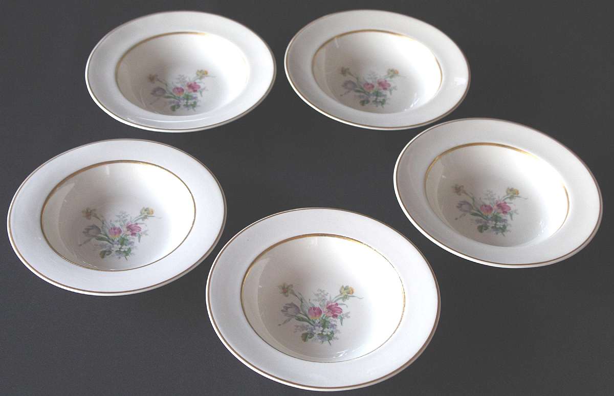 Up for sale are these Lamberton Tulip Time Set Of Five Soup Bowls in good condition with no chips or cracks. They measure approx. 8 3/8"W.  Shipping Excludes: Alaska/Hawaii, US Protectorates, APO/FPO, PO BoxShipping Provided to the United States On