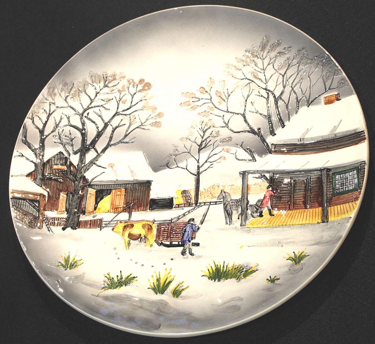 Up for sale is this great Antique Western Germany Charger With a Winter Scene. Marked made in Western Germany. measures approx. 13 inches wide. Does has a small nick on the rim that is pictured and be easily colored in. Beautiful Piece.Shipping Excludes: