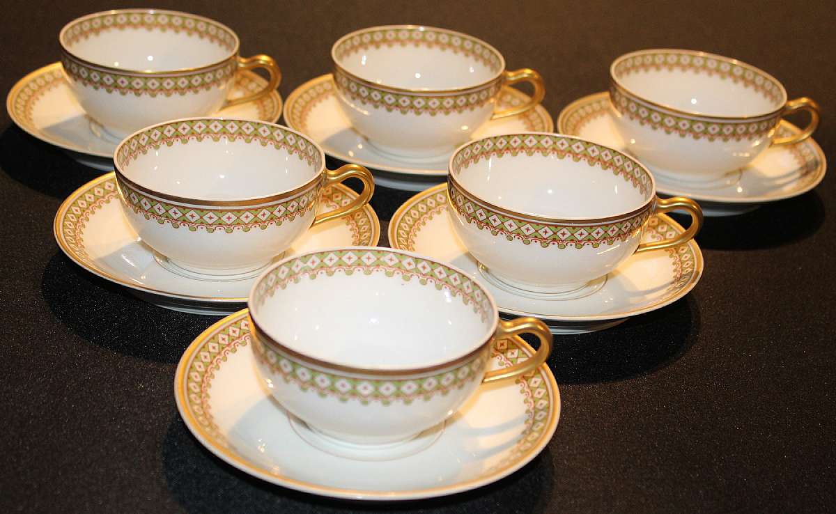 Up for sale are these Theodore Haviland St. Albans Antique Set Of Six Cup & Saucer Sets in great condition with no chips. One saucer has a hairline crack. No other cracks. The cups measure approx. 1 7//8"T by 3 3/8"W.  Shipping Excludes: Al