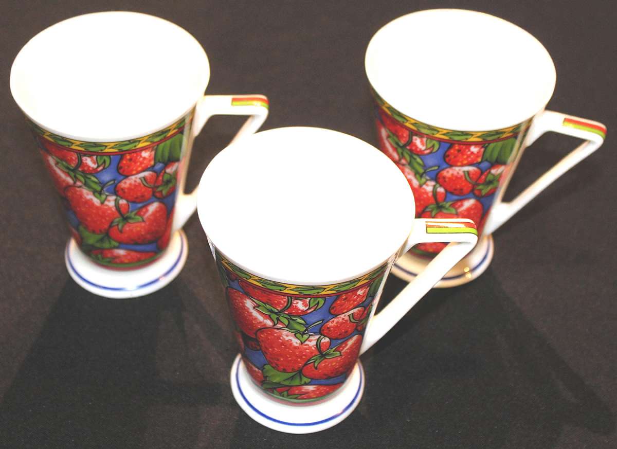 Up for sale are these Wren England Set Of Three Strawberry Mugs in great condition with no chips, cracks or crazing. They measure approx. 4 1/2"T by 3 1/4"W.Shipping Excludes: Alaska/Hawaii, US Protectorates, APO/FPO, PO BoxShipping Provided t