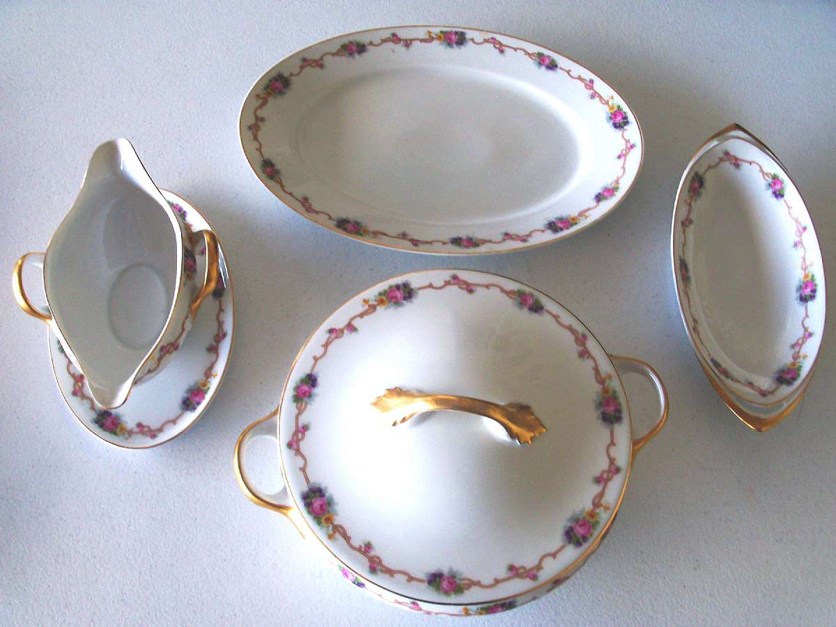 Up for sale is this Antique Philip Rosenthal Continental Kronach Bavaria 1891-1906 Else 65 Piece Dinnerware Set in great condition. Included in this Antique Set are one 12 1/2" by 9" Platter, one 9" by 2 1/2"Deep Casserole, one casserole lid, one 10 1/2"b