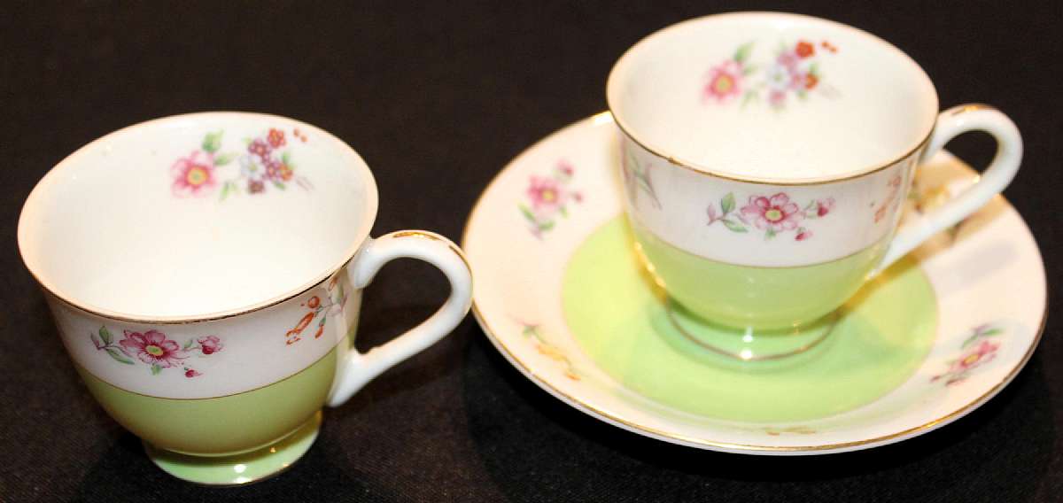 Up for sale are these Occupied Japan M B Set Of Two Demitasse Cups & One Saucer with no chips or cracks. The cups measure approx. 2 1/8"T by 2 1/2"W. The saucer is 4 3/4"W.   Shipping Excludes: Alaska/Hawaii, US Protectorates, APO/FPO,