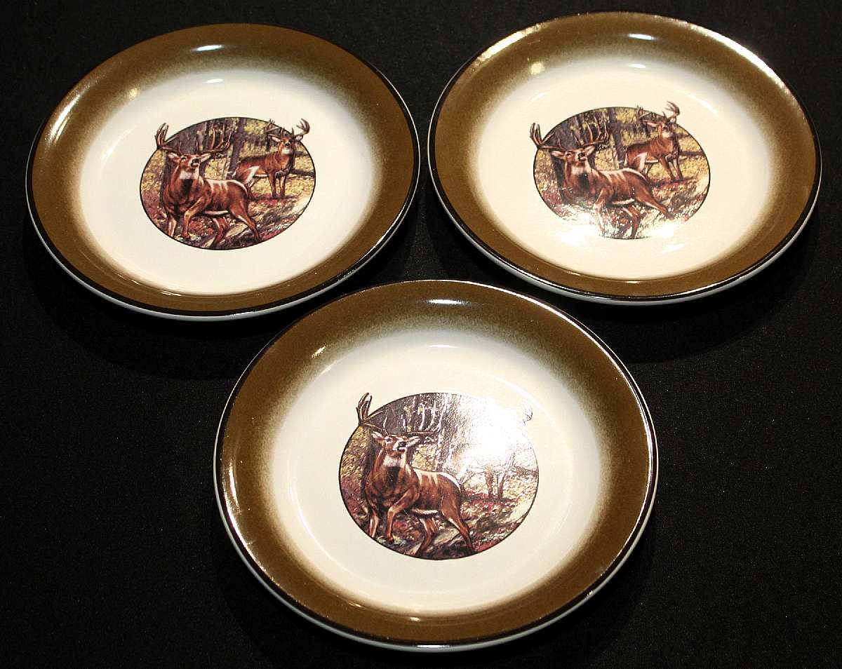 Up for sale are these Rare Great Ideas LLC Buck Wear Deer Set Of Three Salad Plates in good condition with no chips or cracks. The salad plates measure approx. 7 5/8"W and have minor wear. Many pictures provided for your viewing pleasure.  Shipping