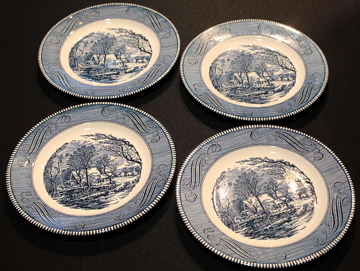 Up for sale are these Royal China Currier & Ives Set Of Four Dinner Plates in excellent condition with no chips or cracks or crazing. The dinner plates measure approx. 10"W.   Shipping Excludes: Alaska/Hawaii, US Protectorates, APO/FPO, PO BoxS