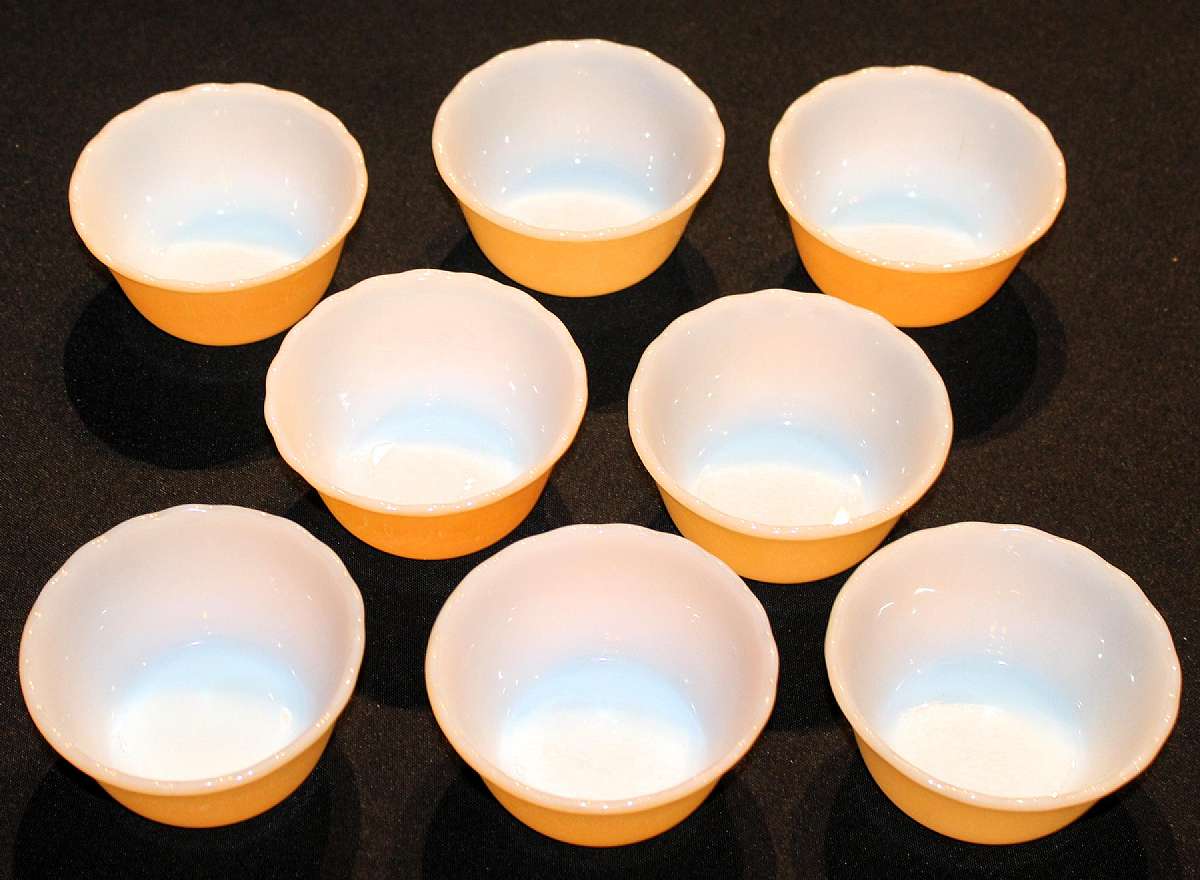 Up for sale are these Fire King Peach Lustre Ovenware USA Set Of Eight Small Bowls in great condition with no chips or cracks. The bowls measure approx. 3 3/4"W and are 1 3/4"D.Shipping Excludes: Alaska/Hawaii, US Protectorates, APO/FPO, PO Box
